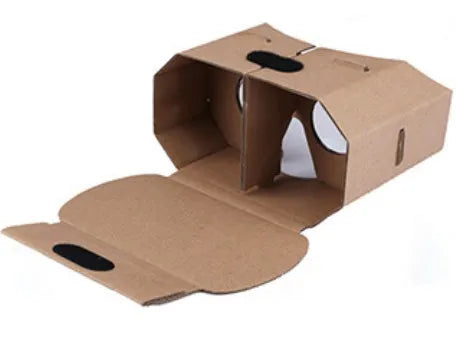 Cardboard virtual reality glasses for smartphones, showing lenses and phone slot.