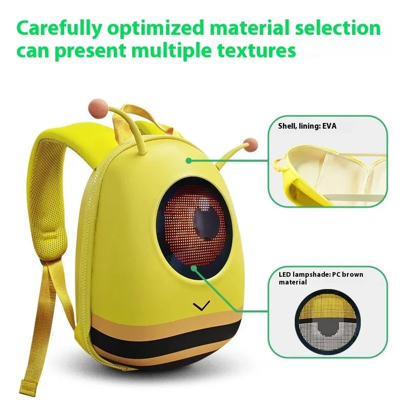 Yellow kids backpack with cartoon animation and eye animation design, EVA waterproof material, 23x12x30cm