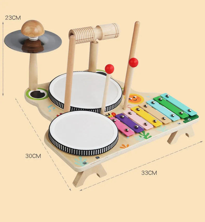 Wooden frog multi-functional drum kit educational toy, 33 x 30 x 23 cm, in a colour box