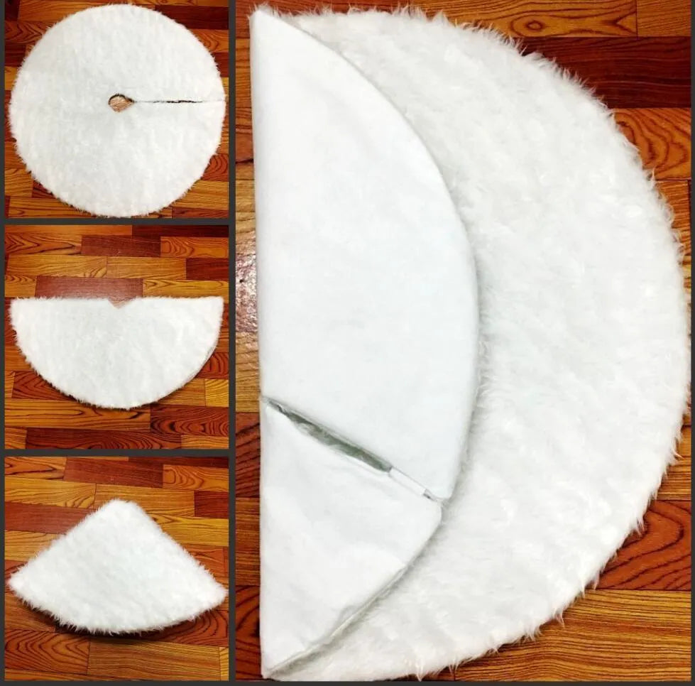 White plush Christmas tree skirt in 78cm, 90cm, 122cm or 150cm for covering a Christmas tree base and protecting the floor from pine needles.