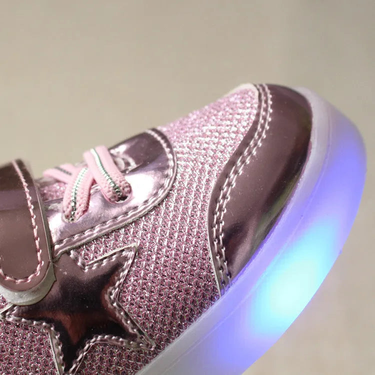 Children's LED light up shoes with magic button in golden, pink, and silvery colours