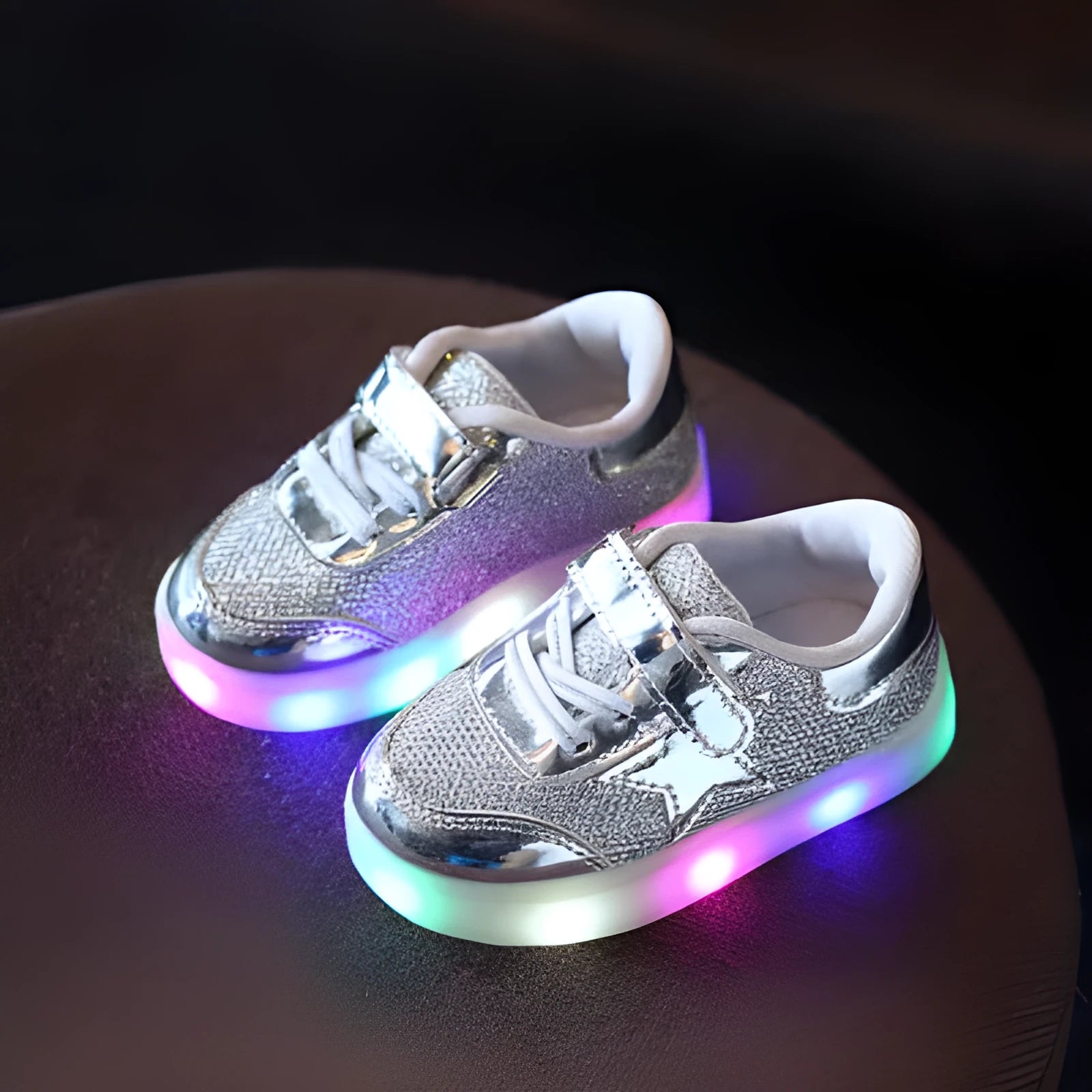 Children's LED light up shoes with magic button in golden, pink, and silvery colours