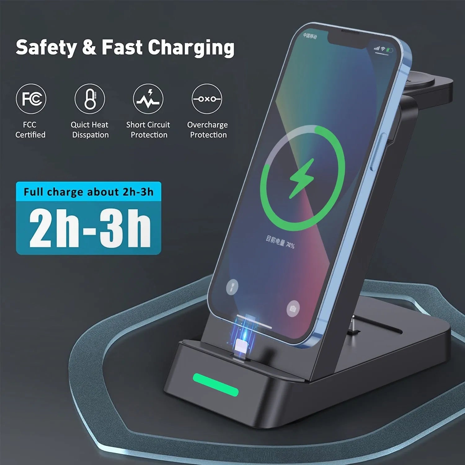 Black and white 3-in-1 wireless charging station for phone, AirPods, and smartwatch on a desk.