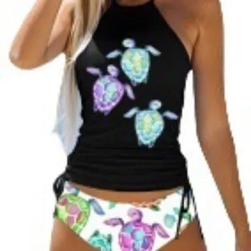 Conservative style women's swimsuit with split-colour printing in polyester fabric