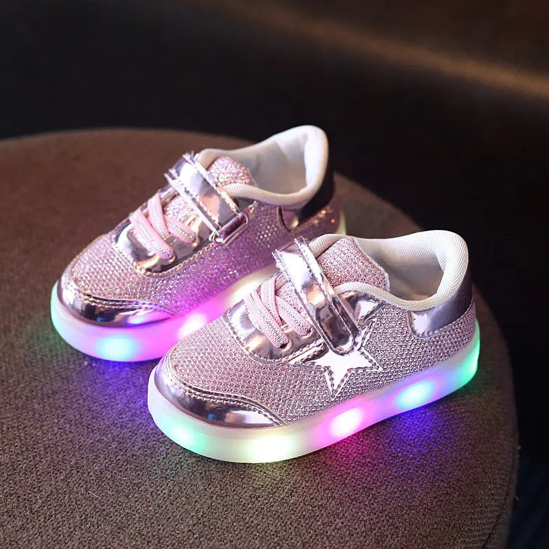 Children's LED light up shoes with magic button in golden, pink, and silvery colours