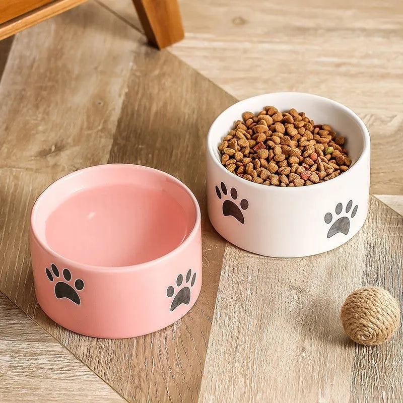 Ceramic cat food bowl with high foot and cat's paw print in chosen colour.