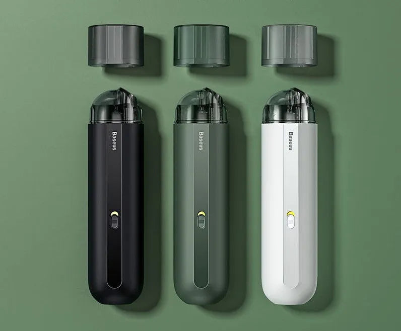 BASEUS wireless handheld car vacuum cleaner in black, white, or green with blowing hose.