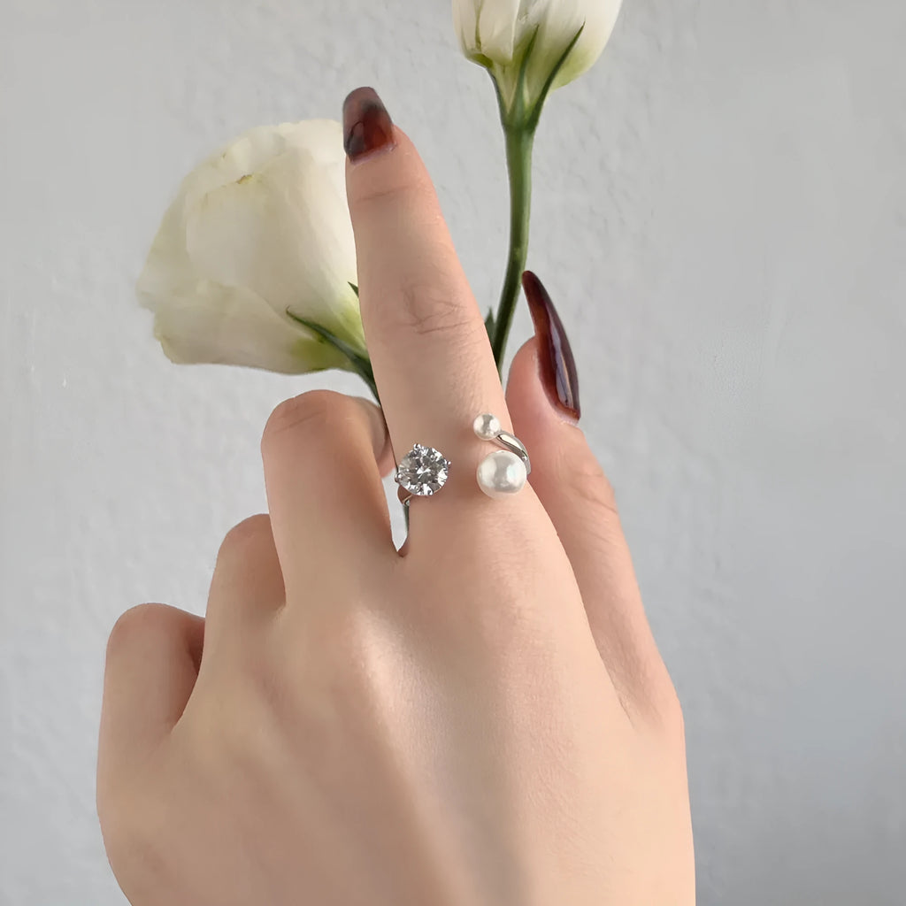 S925 sterling silver open ring for women with zircon and pearl inlay and adjustable opening in platinum colour