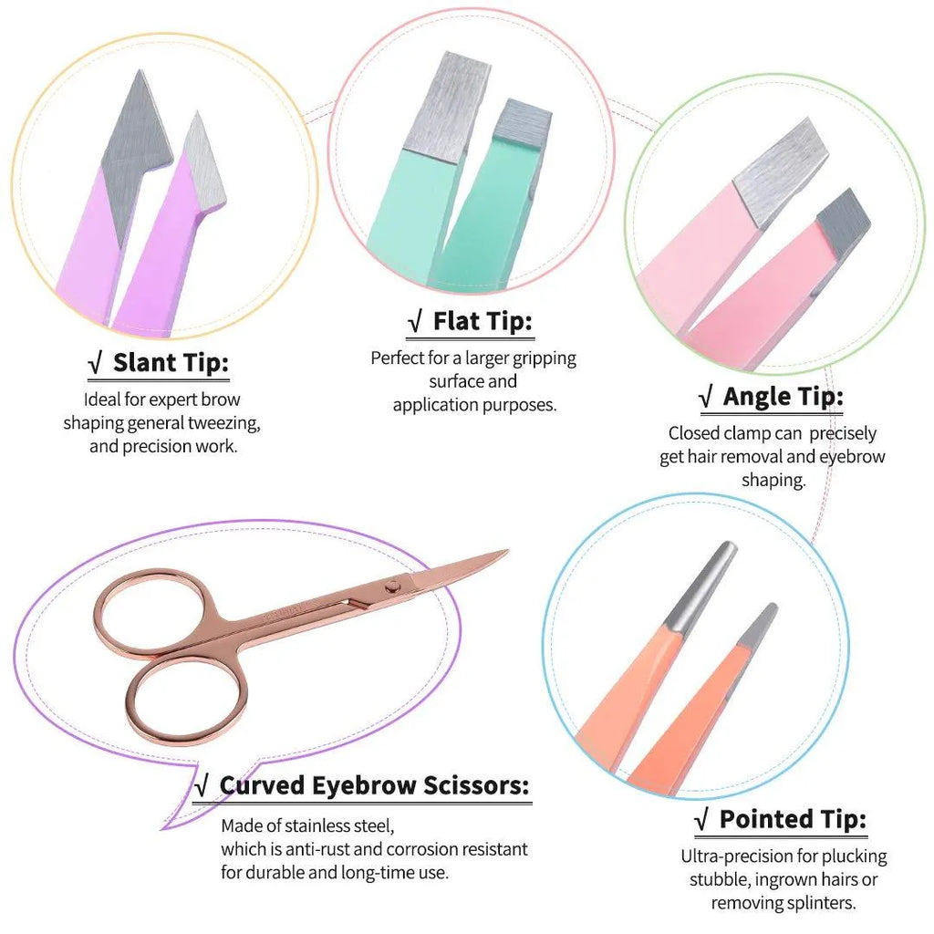 Professional stainless steel eyebrow tweezers six-piece set with curved scissors and leather case