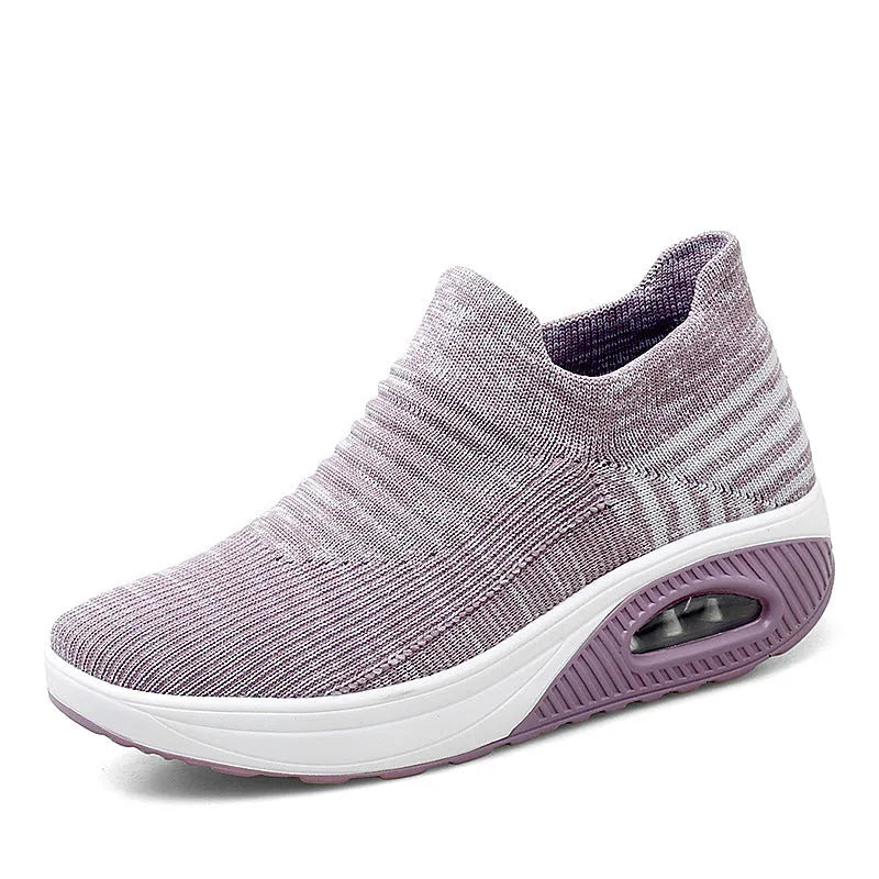 Platform slip-on rocking shoes for women, Flyknit upper, round toe, available in purple, black, pink, dark gray, and brown