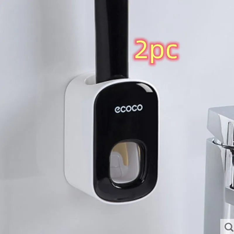 Wall mounted automatic toothpaste dispenser with toothbrush holder and mouthwash cup in black plastic