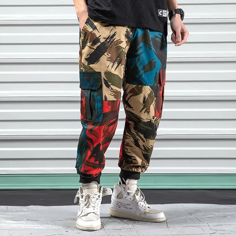 Blue camouflage overalls casual pants made of polyester fibre, full-length loose fit, front view