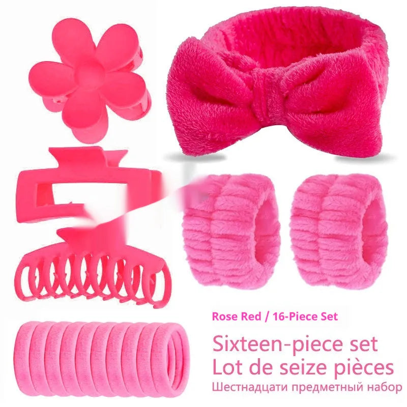 16 bow-shaped plaid washing face hair bands in multiple colours with a wrist strap on a white background