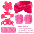 16 bow-shaped plaid washing face hair bands in multiple colours with a wrist strap on a white background