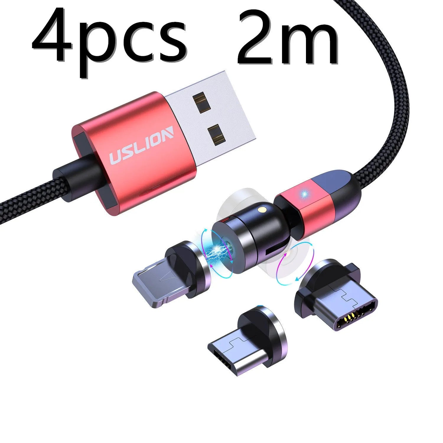 540° magnetic three-in-one data cable with aluminium alloy connector, TPE jacket, and LED indicator light on a table next to a smartphone