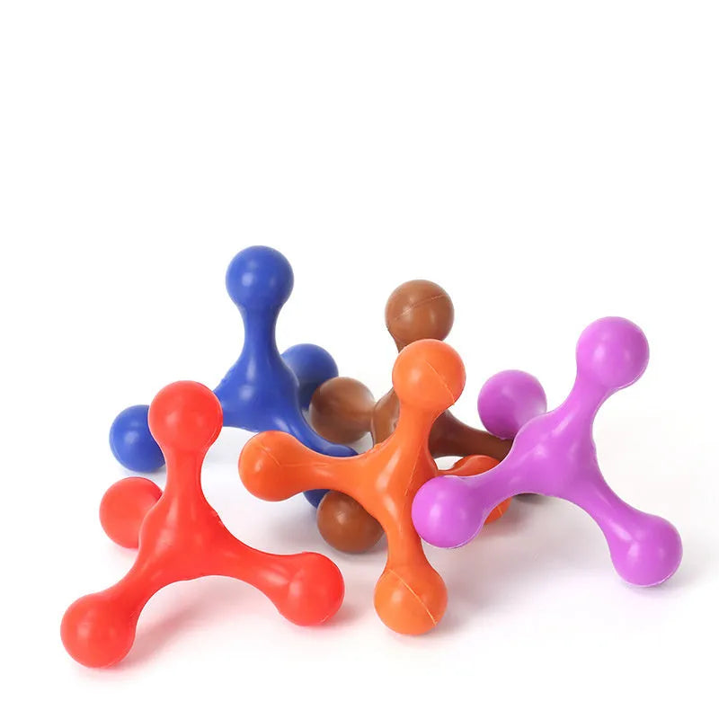 Blue silicone three-legged puppy chew toy for teething relief and dental cleaning