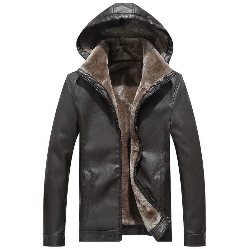Men's casual PU leather hooded coat with zipper slit pockets, velvet lining, in black, brown, and wine red colours