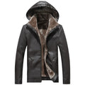 Men's casual PU leather hooded coat with zipper slit pockets, velvet lining, in black, brown, and wine red colours