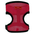 Poultry vest harness on a chicken with an attached lead, shown in red, with size chart visible.