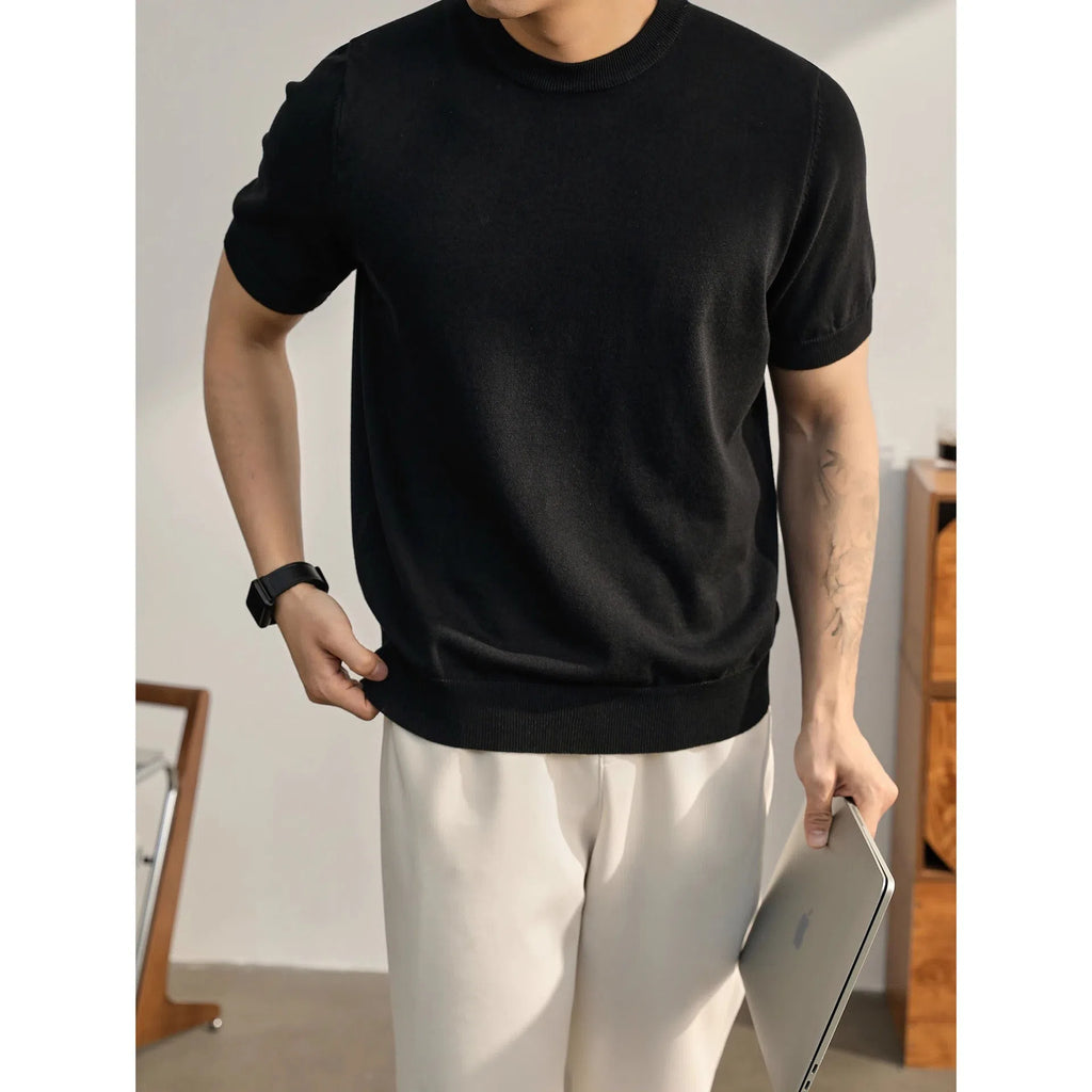 Plus size men's short-sleeved loose fit polyester pullover sweater in khaki colour