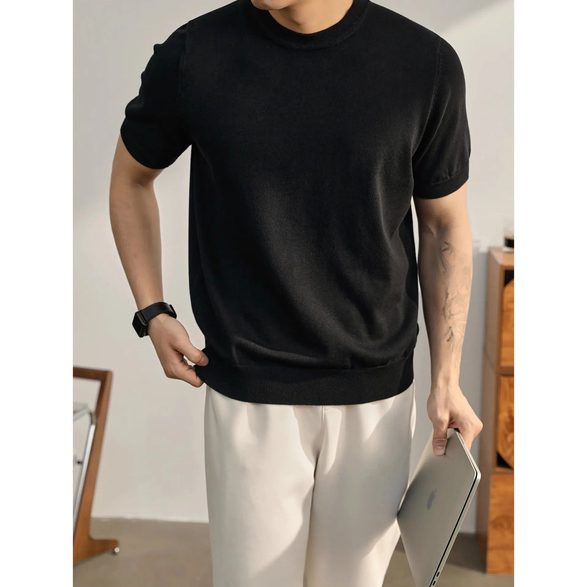 Plus size men's short-sleeved loose fit polyester pullover sweater in khaki colour