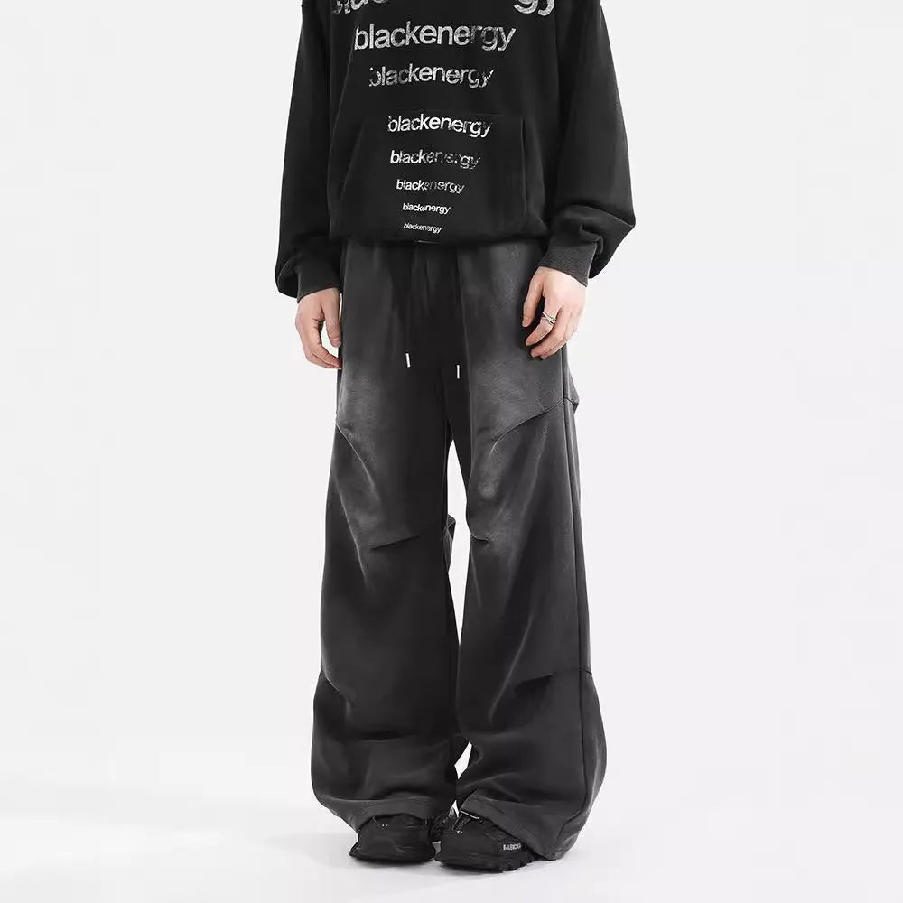 Men's cotton wide leg sweatpants with pleated front in black and gray, elastic waist casual trousers