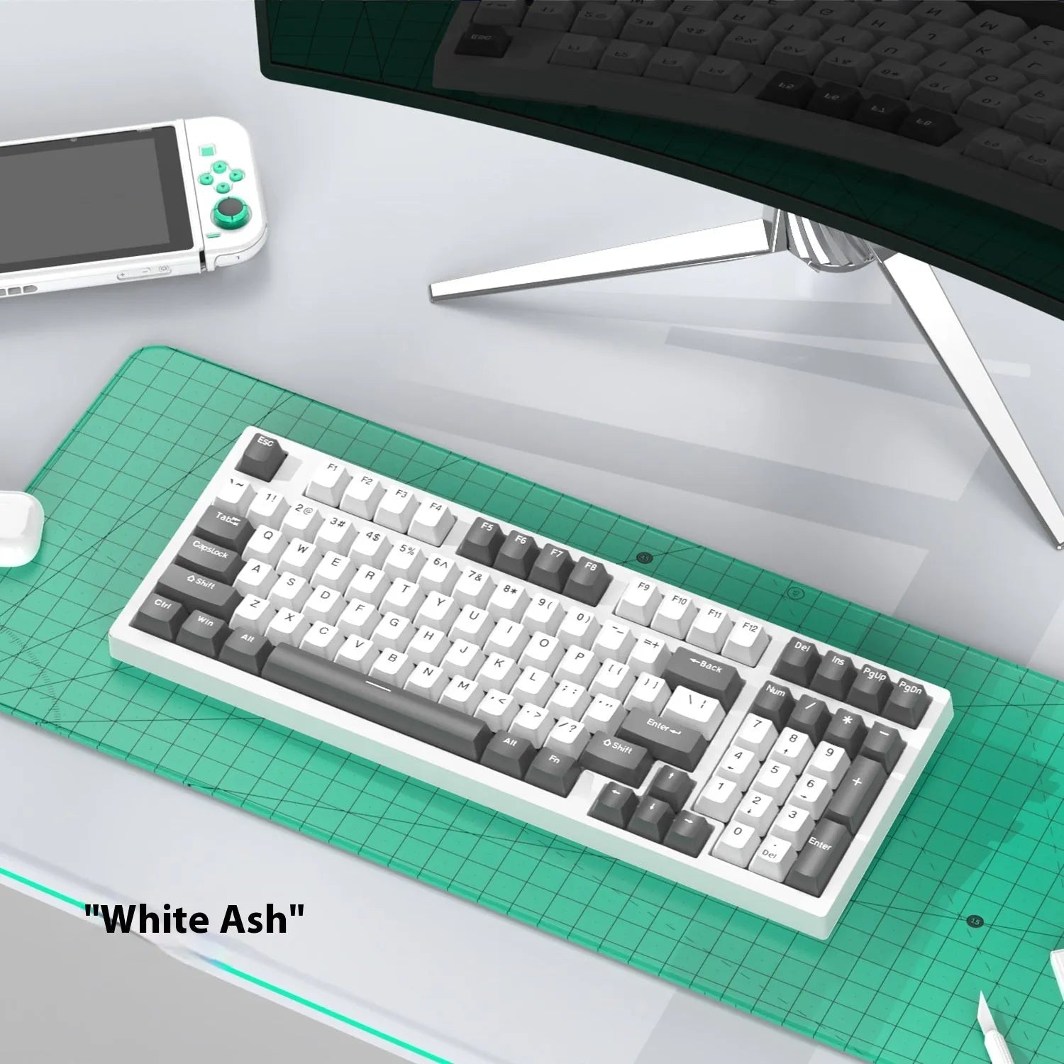 Custom mechanical keyboard and wireless mouse in selected colour option with backlight illumination.