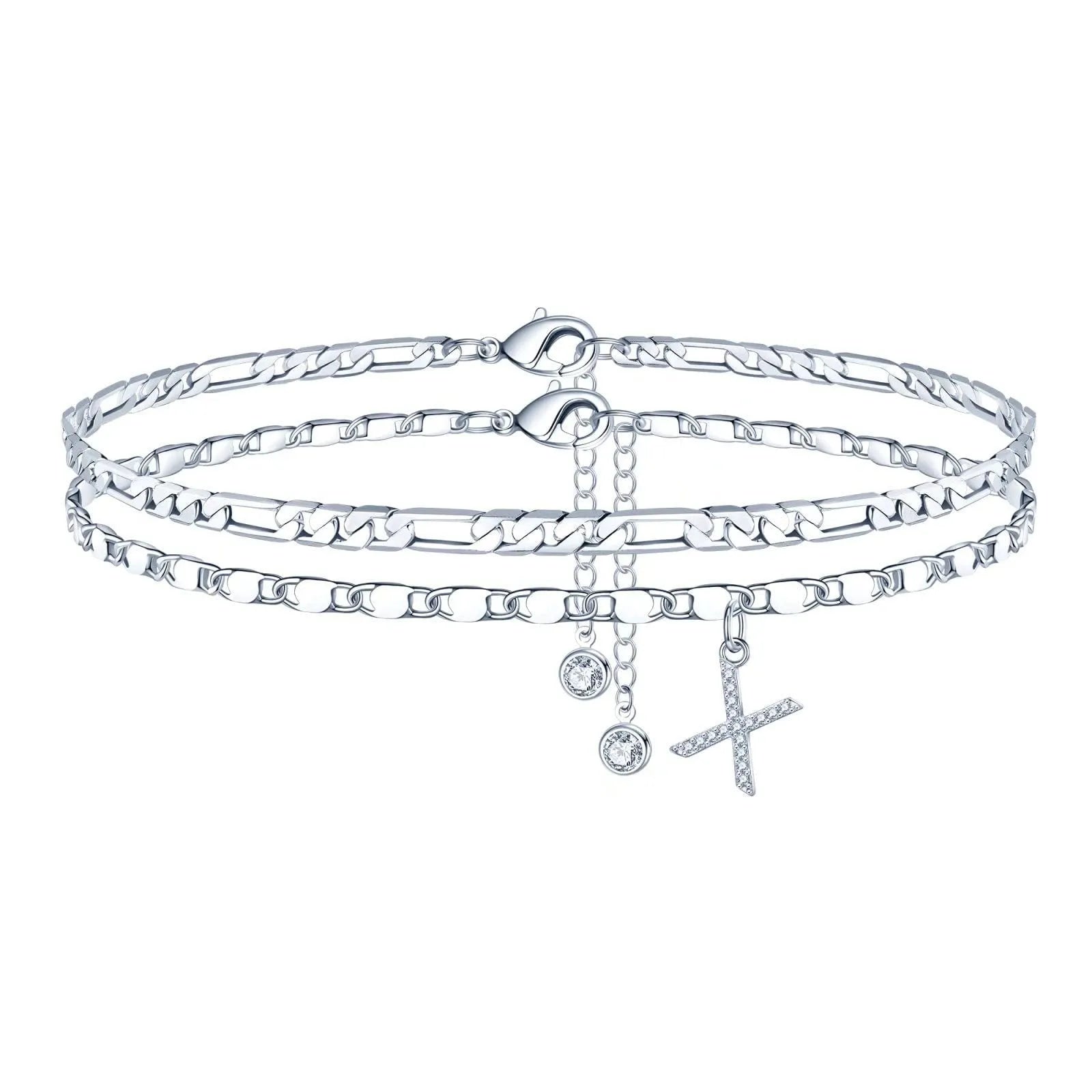 Copper double-circle bead anklet with silver colour finish showing customisable letter styling options