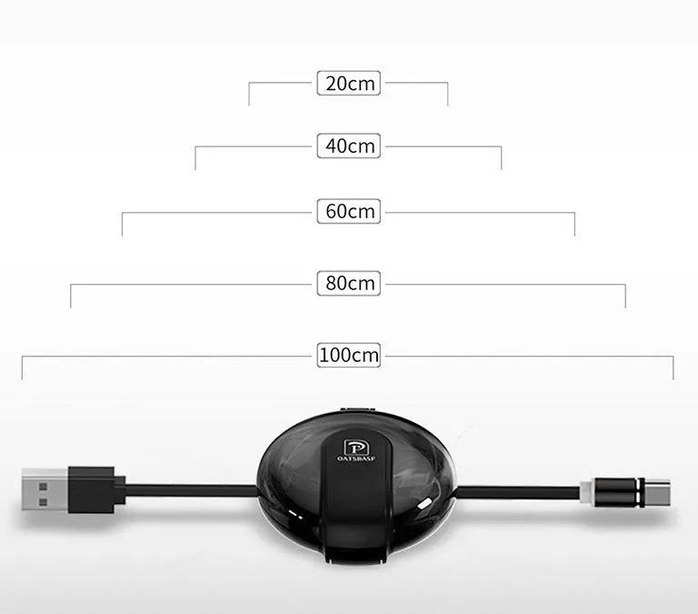 Black magnetic retractable car phone charger with 1m cable shown mounted in vehicle