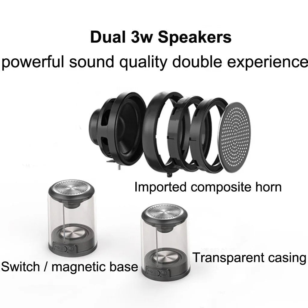 Transparent Bluetooth speaker with black housing and suction cup base on a glass table