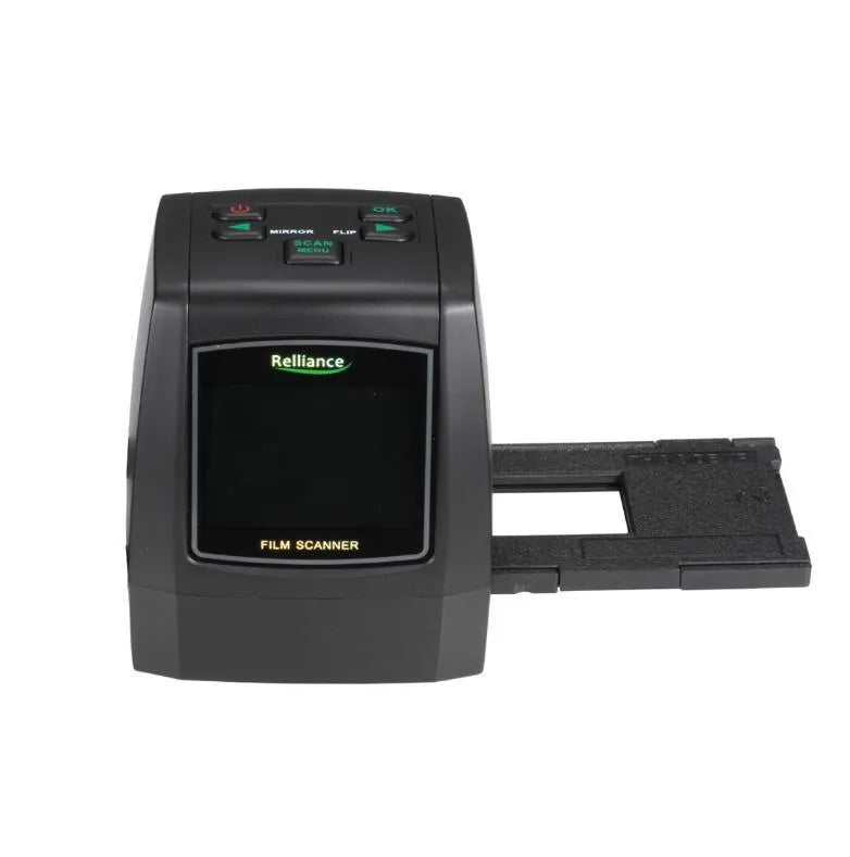 14 megapixel film scanner with 2.4 inch LCD screen showing a slide preview with USB cable