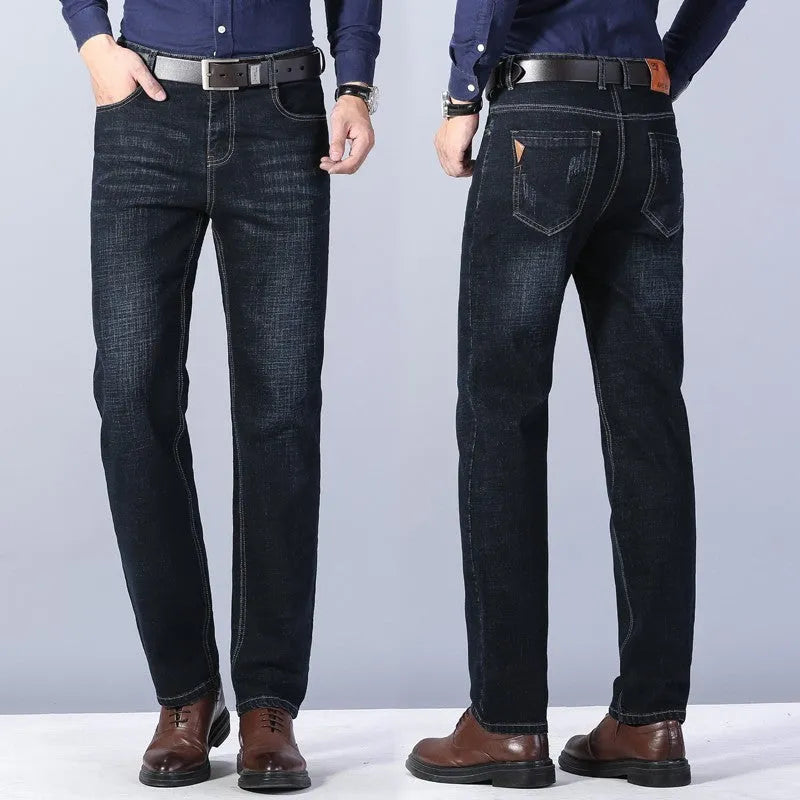 Men's loose straight casual work stretch jeans in blue elastic option with mid-waist and straight leg