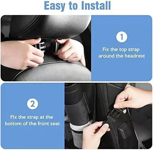 Black Oxford cloth car seat back buggy bag measuring 42x30cm hanging behind headrest