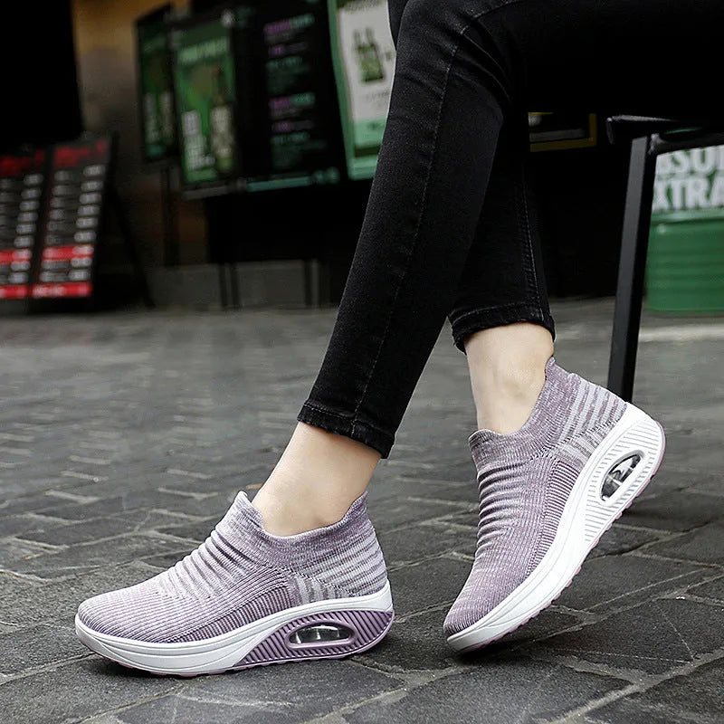 Platform slip-on rocking shoes for women, Flyknit upper, round toe, available in purple, black, pink, dark gray, and brown