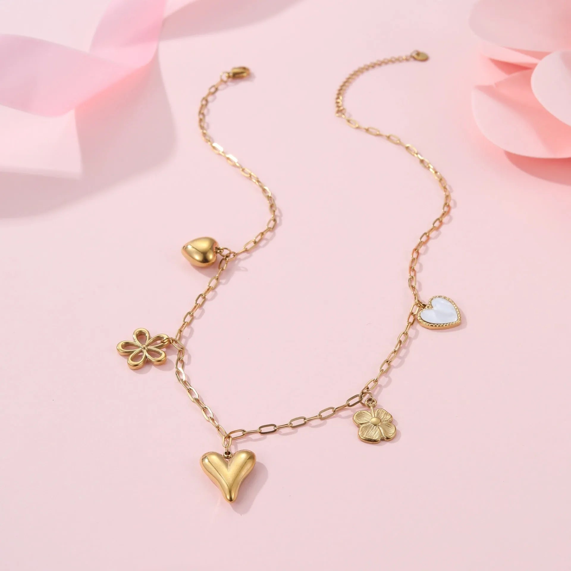 Gold plated stainless steel necklace with sun pendant on 41-50cm chain, heart pendant alternative shown
