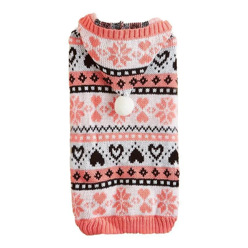 Striped camouflage dog sweater with snowflake patterns in pink, blue, grey colours for small breeds