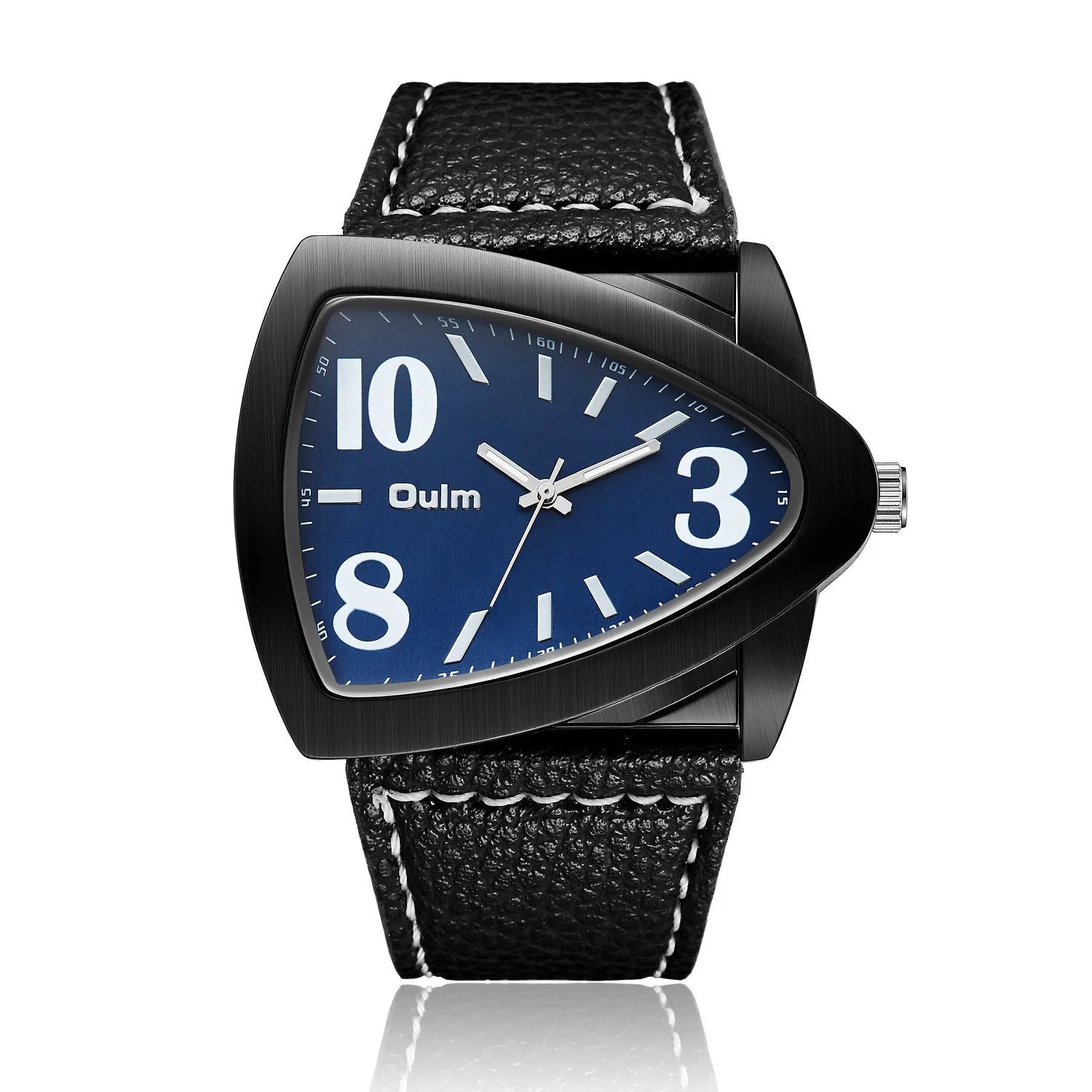Men's casual triangle belt quartz watch in brown, black, and blue colour options showing 9mm thickness