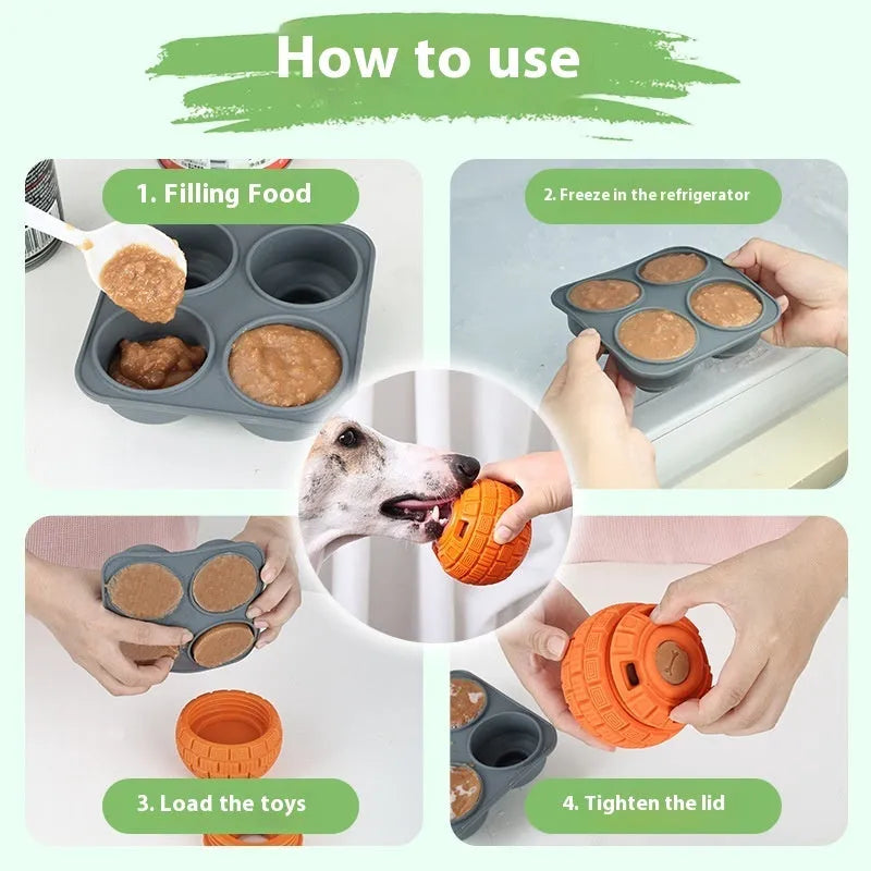 Green natural rubber dog ball with holes for food dropping, measuring 14cm long