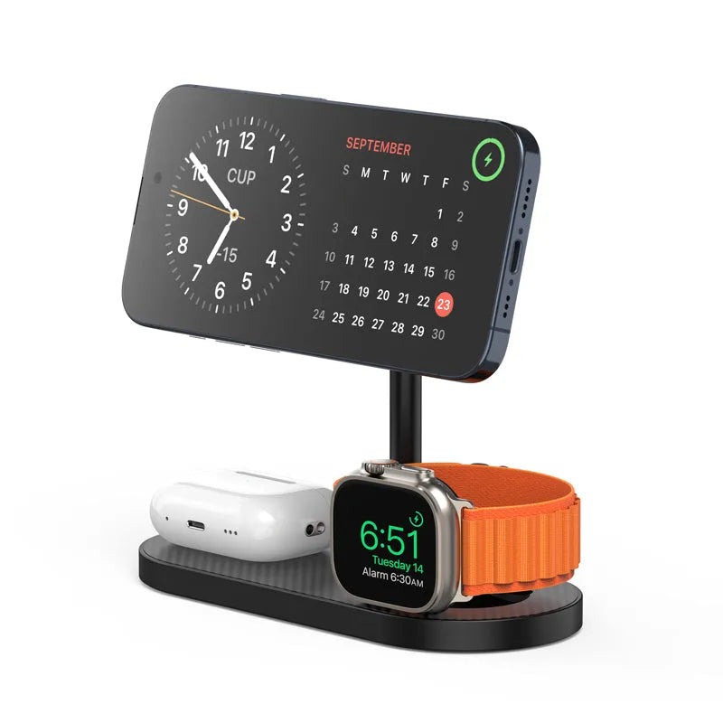 Three-in-one magnetic wireless charger with aluminium alloy body in gray finish, charging a smartphone and watch
