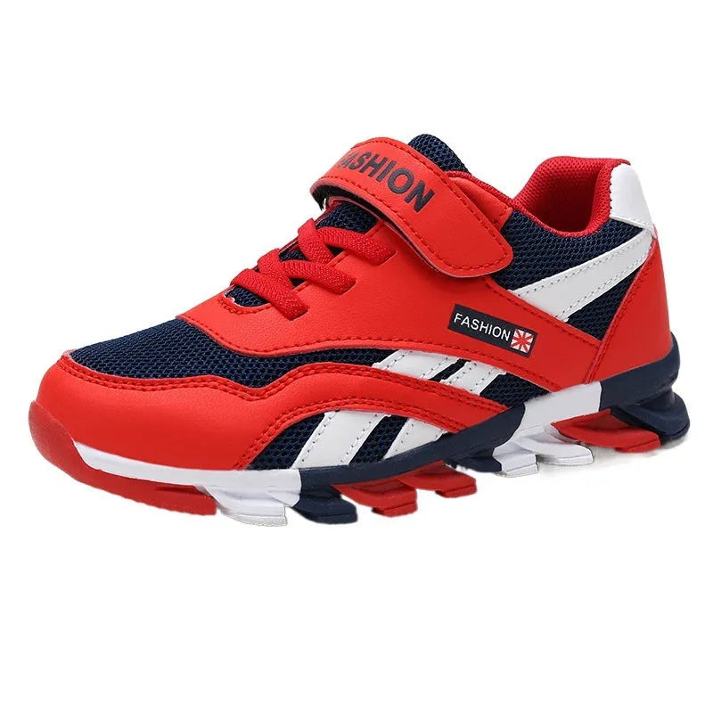 Children's cotton magic sports running shoes with Velcro fastening in grey leather surface