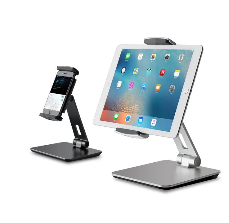 Folding aluminium phone and tablet stand in black showing 360° rotation and anti-slip silicone pads