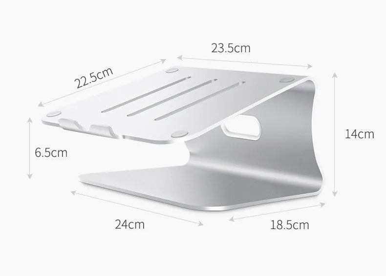 Silver aluminium laptop cooling bracket with rotary base on a wooden desk