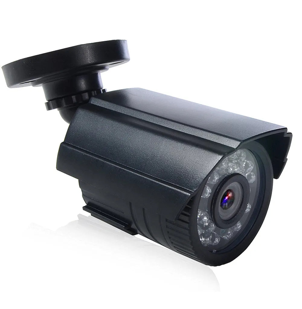 Black AHD HD waterproof surveillance camera with fixed lens and infrared LEDs for night vision.