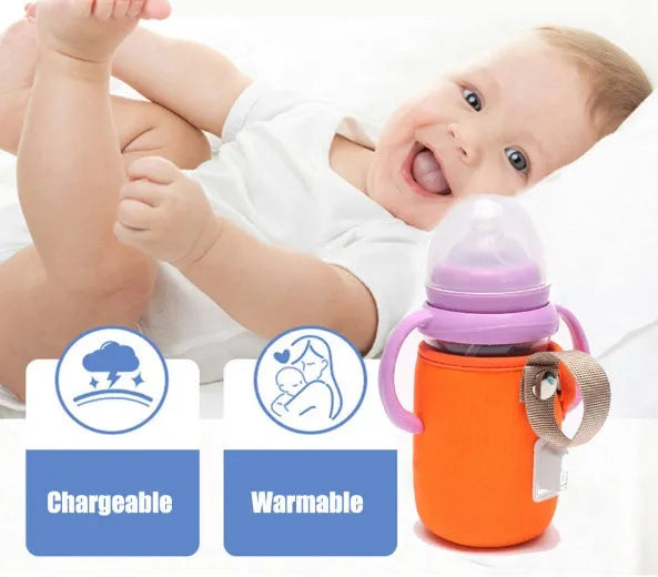 Long orange cotton USB baby bottle warmer wrapped around a milk bottle.