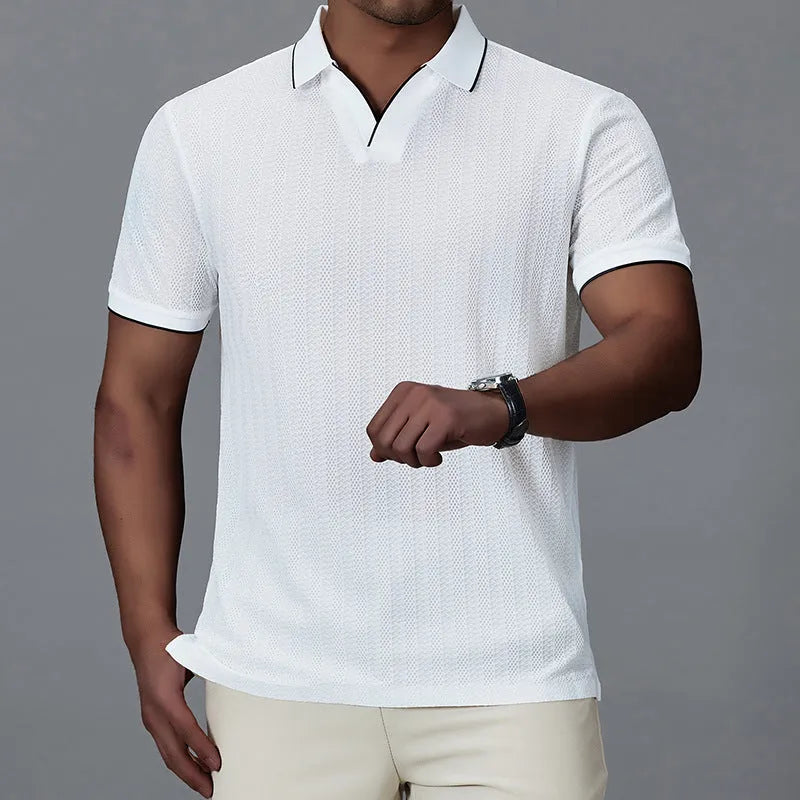 Men's thin nylon polo shirt in white colour with short sleeves and loose casual fit