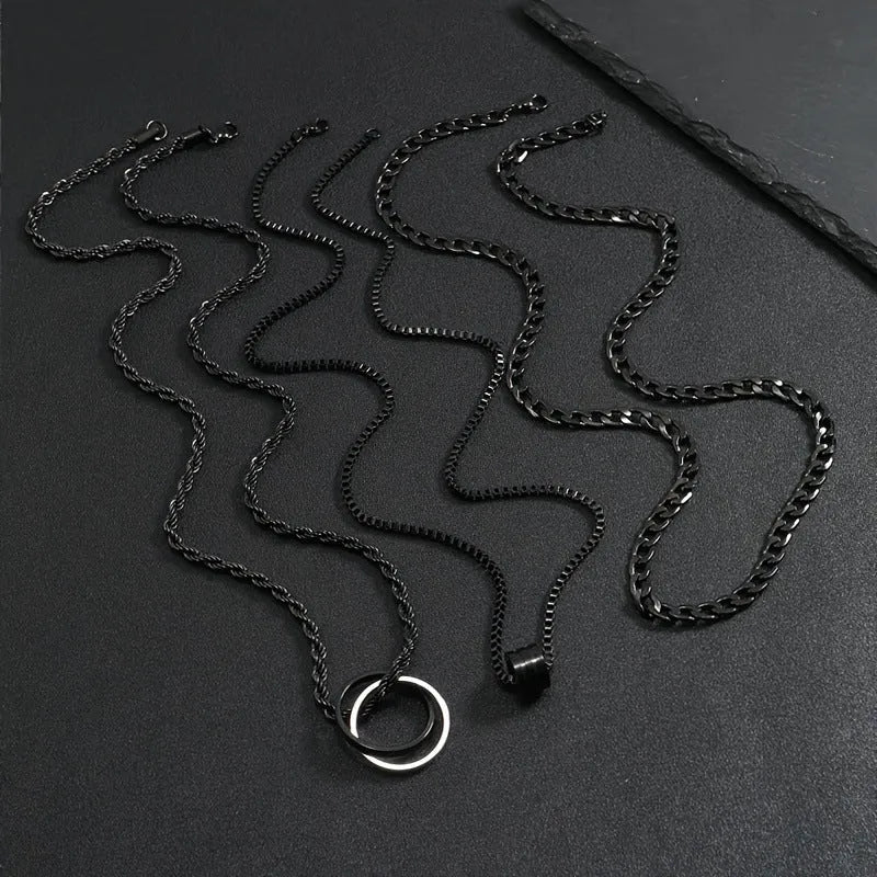 Men's black stainless steel necklace with titanium steel cylindrical ring buckle pendant, three-piece set.