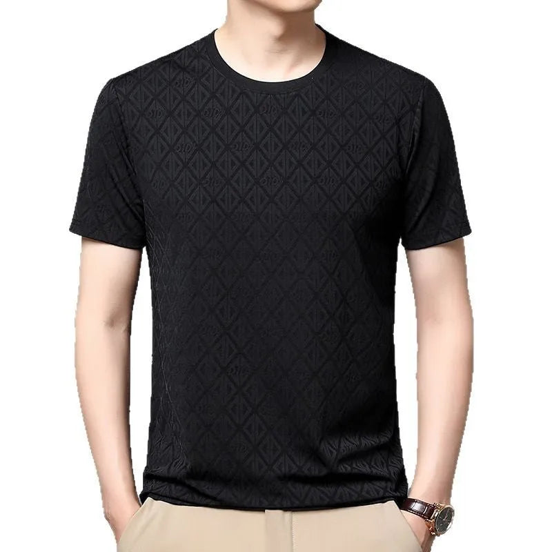 Men's loose-fit black short sleeve T-shirt made from Ice Silk Jacquard fabric.