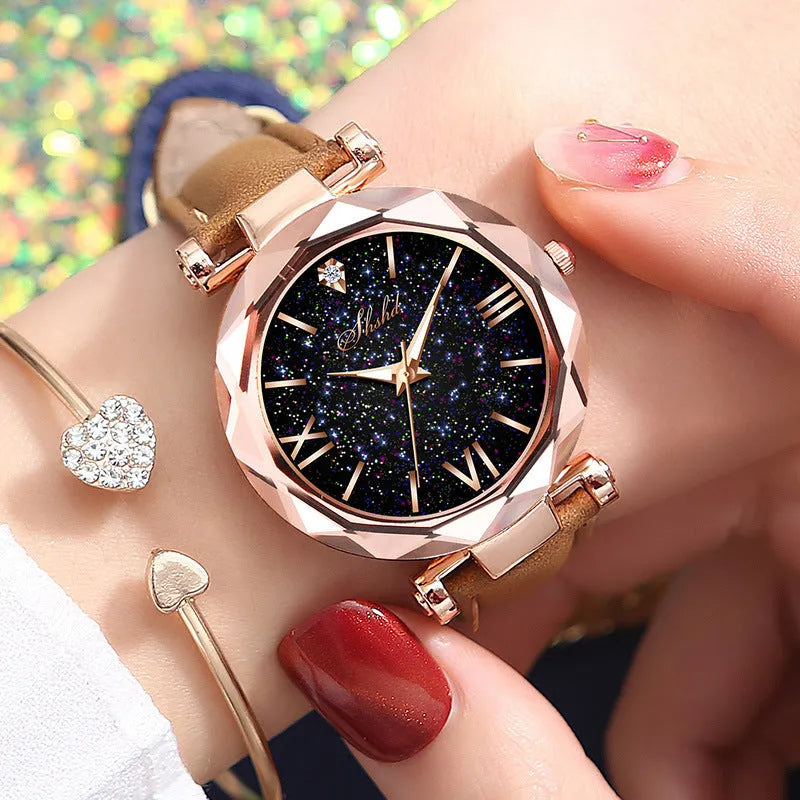 women's frost leather strap quartz wristwatch starry sky dial Roman numerals rhinestones round case