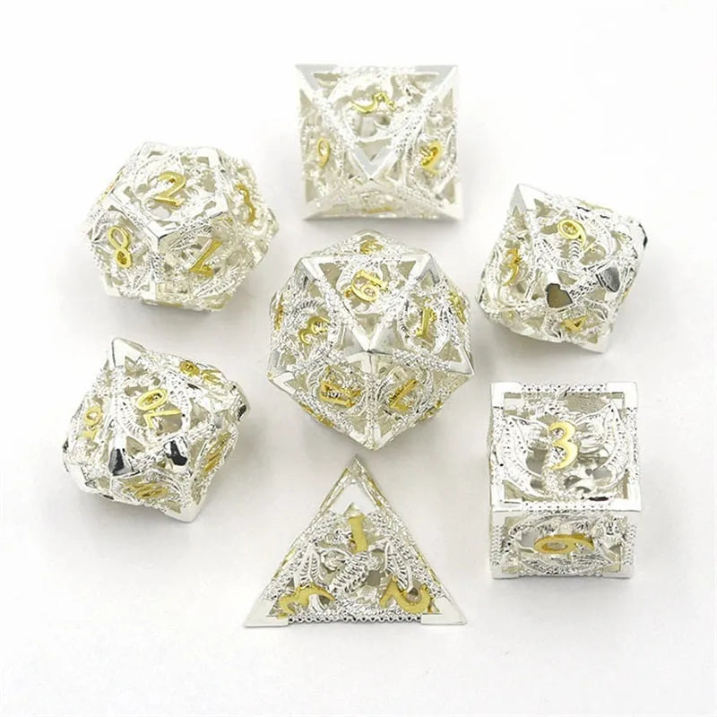 Hollow copper electroplated dice set in ancient bronze, seven polyhedral dice with right-angle edges