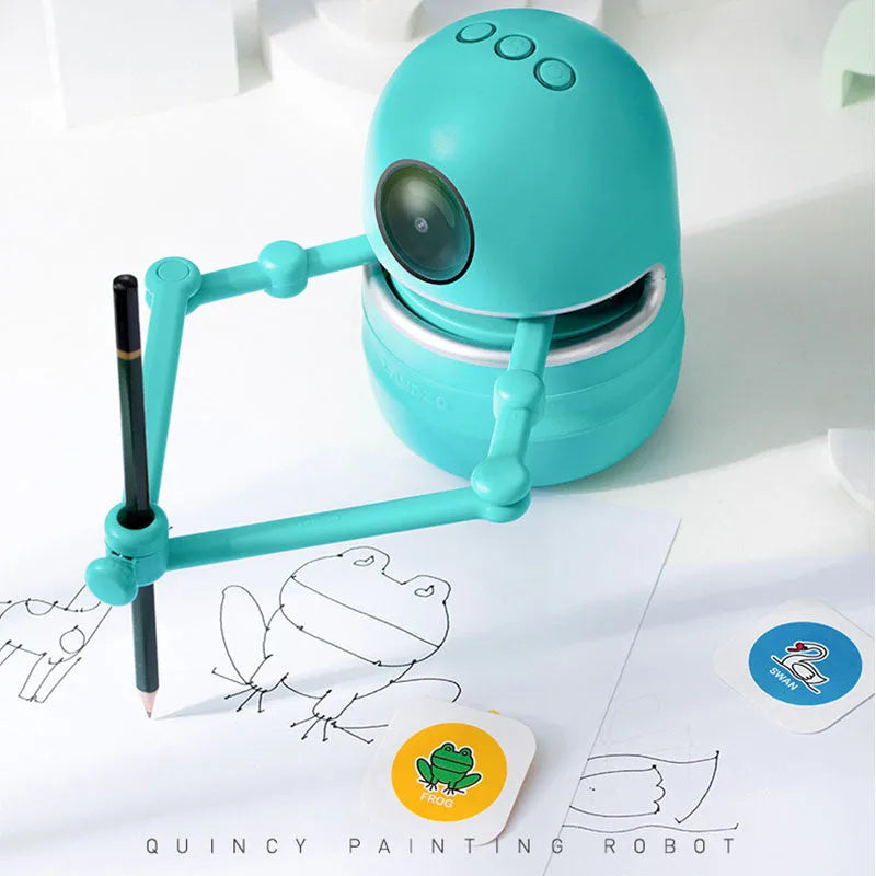 Children painting robot with English voice guidance on a table, showing drawing cards and suction cup base